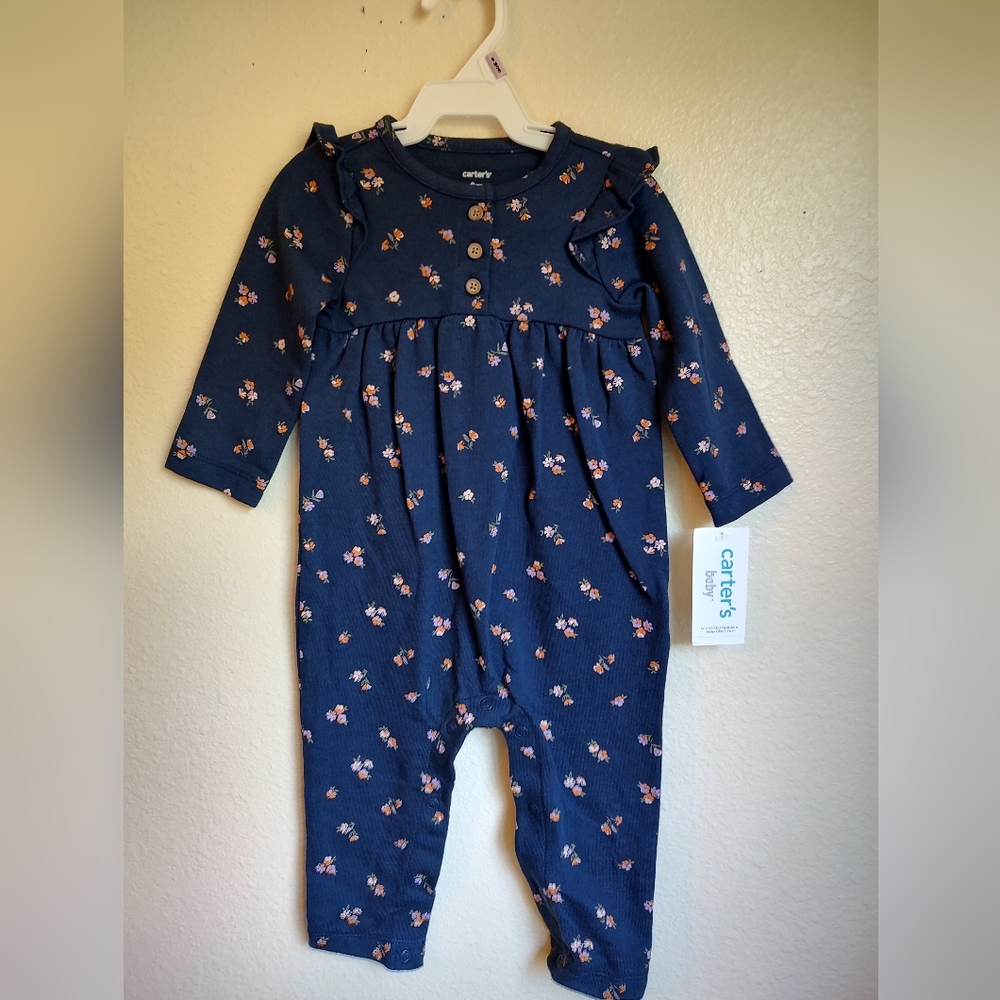 Carter's Baby Navy and Floral Long Sleeve One piece Sz 9 months